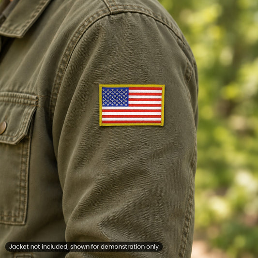 American flag patch on an olive jacket sleeve