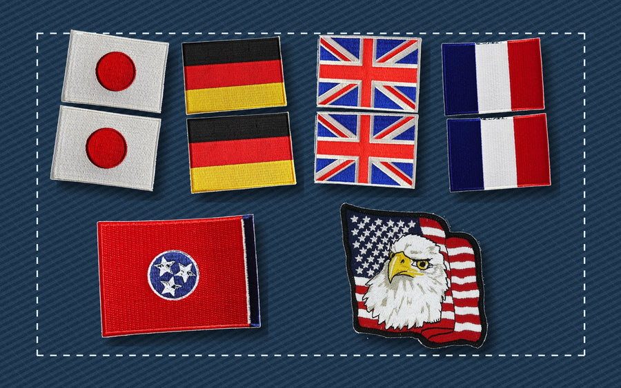Country state and American flag patches arranged on blue fabric