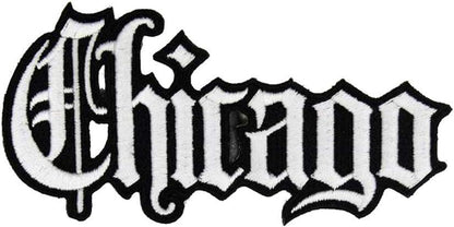 Chicago Old English lettering embroidered patch, close-up of stitching