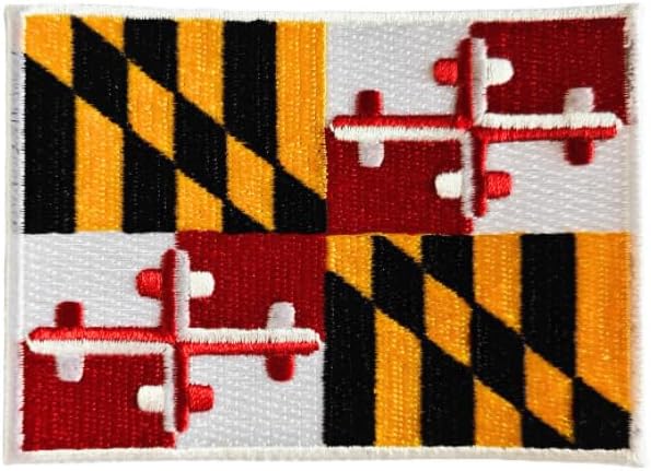 Maryland state flag embroidered iron-on patch, close-up of stitching and merrowed border