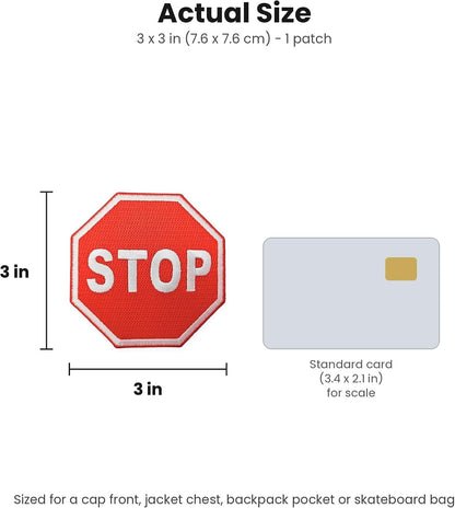 Stop sign patch size guide, 3 by 3 inches next to a card