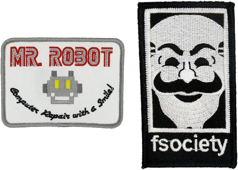 Mr patches MR Robot Fsociety TV Series Show Embroidery Set of 2 Patches White Halloween Costume Badge Shirt Jacket Cap Hat Geek Gift Easy Iron/Sew On