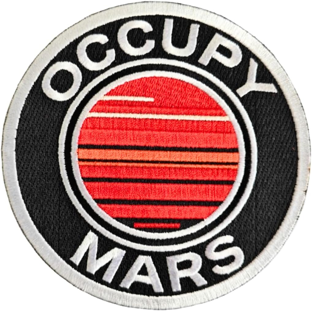 Occupy Mars round embroidered iron-on patch, red planet on black with white lettering