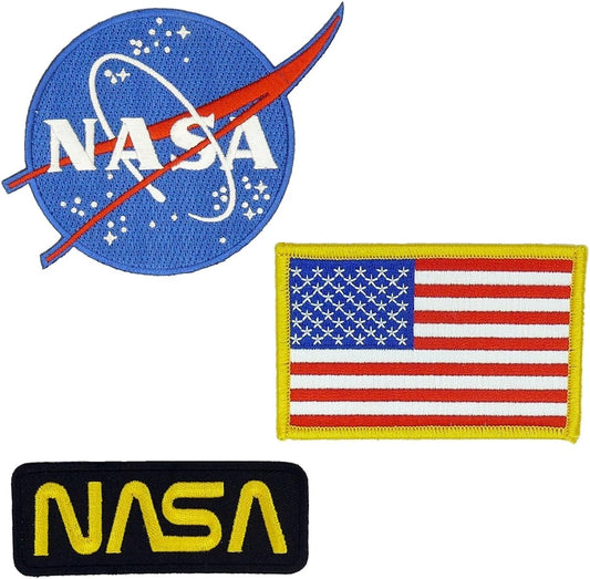 NASA Blue Logo, USA Flag, and NASA Black/Gold Vector – Embroidered Iron-On/Sew-On Patch Set (Set of 3) for Jackets, Hats, Backpacks, and Halloween Costumes by Mr. Patches