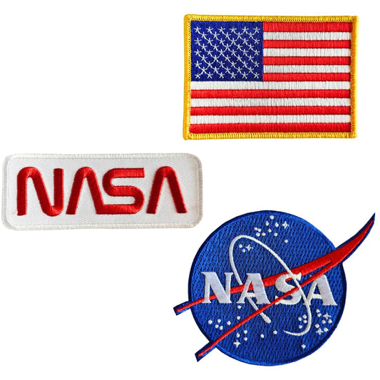 Complete Patches Set for NASA Astronaut Costume - Nasa Logo, USA Flag, Nasa White-Red – (Set of 3) - Iron on and Sew on Embroidery Patch - Can Be Ironed onto Anything You Can Iron: Costume, ..