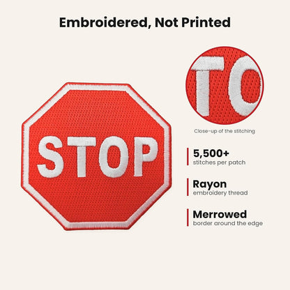Close-up of the stop sign stitching, 5,500+ stitches with merrowed border