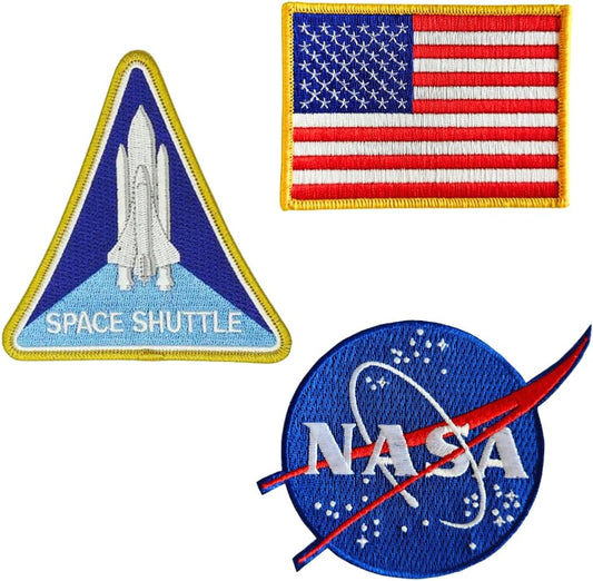 NASA Space Shuttle Patch Set – Space Shuttle, USA Flag, and Blue NASA Logo – Embroidered Iron-On/Sew-On Patches for Jackets, Backpacks, and Hats