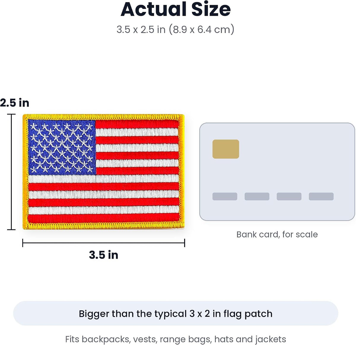 USA flag patch size guide, 3.5 by 2.5 inches next to a bank card