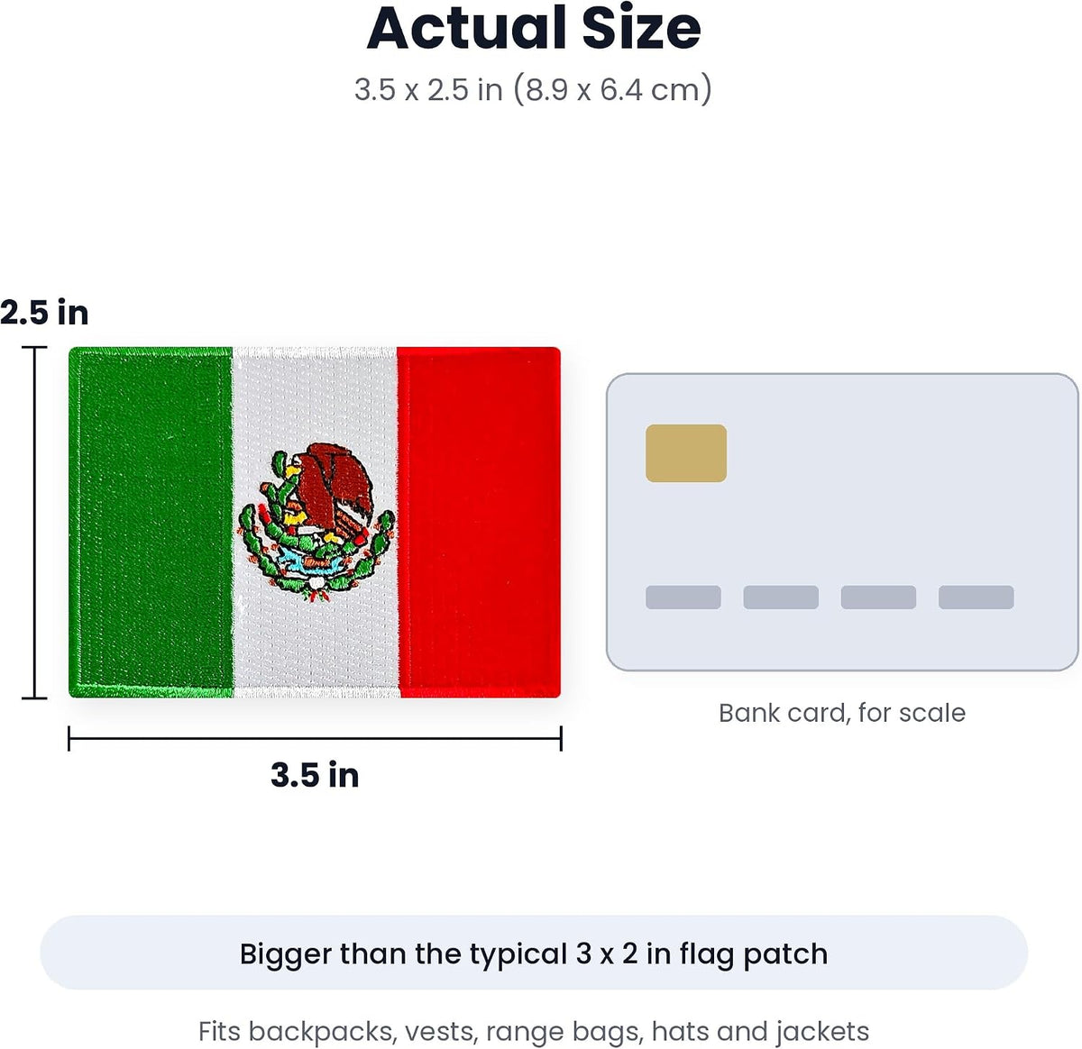 Mexico flag patch size guide, 3.5 by 2.5 inches next to a bank card