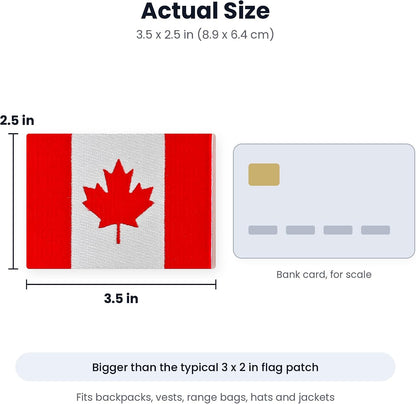 Canada flag patch size guide, 3.5 by 2.5 inches next to a bank card