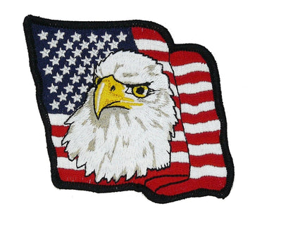 American bald eagle and flag embroidered patch, about 3 by 3 inches