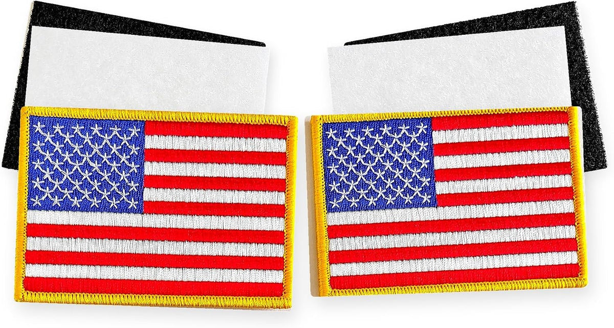Two USA flag hook and loop patches with gold merrowed border
