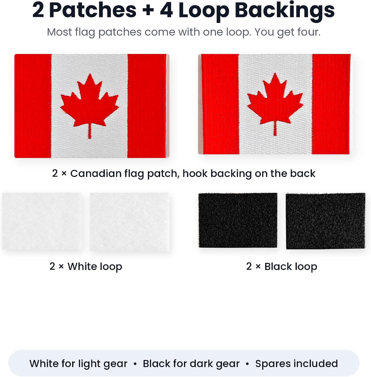 What is included: 2 Canada flag patches with hook backing, 2 white and 2 black loop pieces