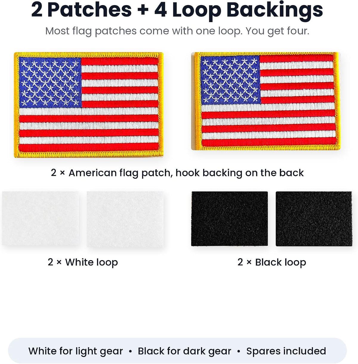 What is included: 2 USA flag patches with hook backing, 2 white and 2 black loop pieces