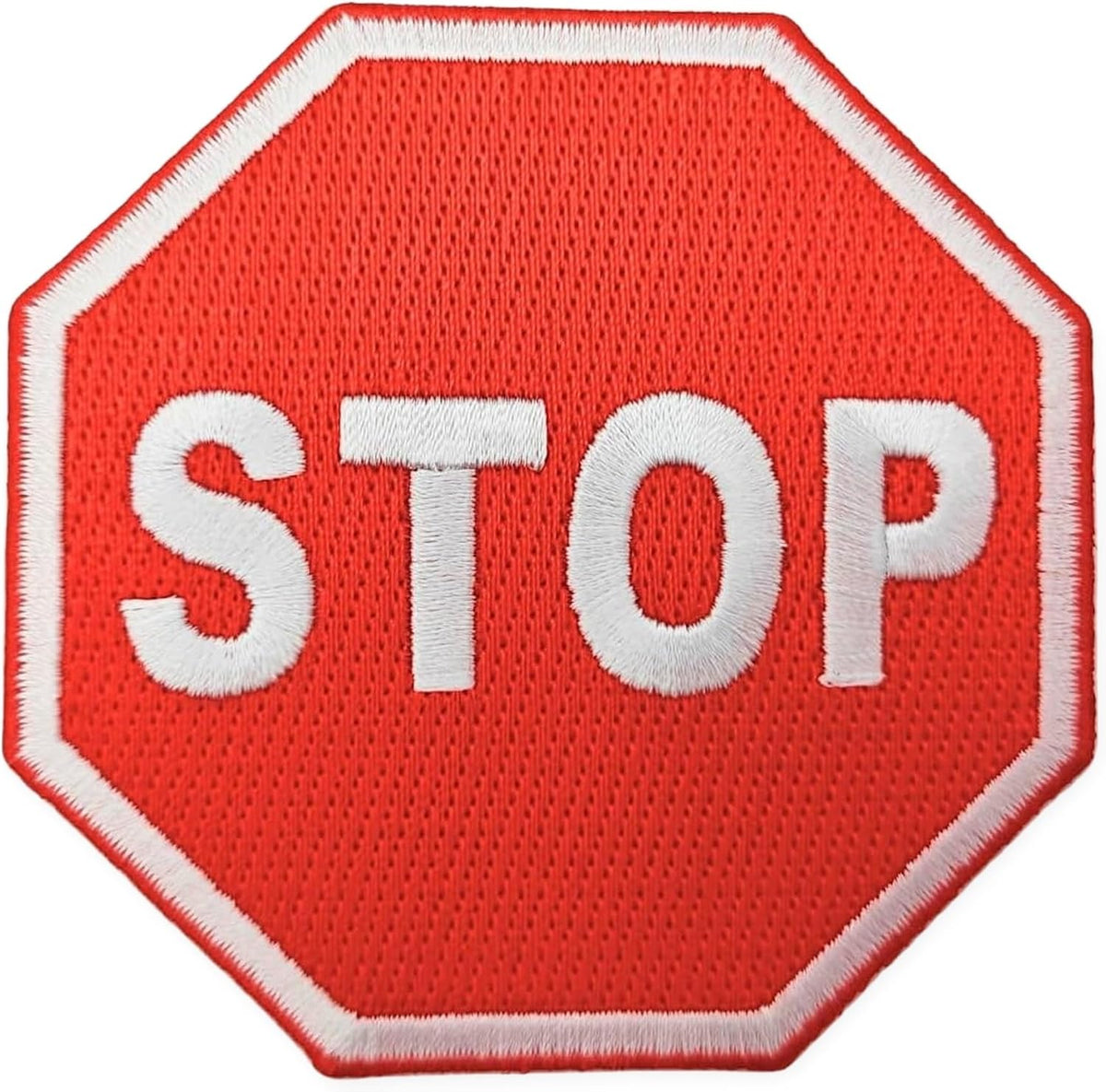 Stop sign embroidered iron-on patch, red octagon with white STOP lettering