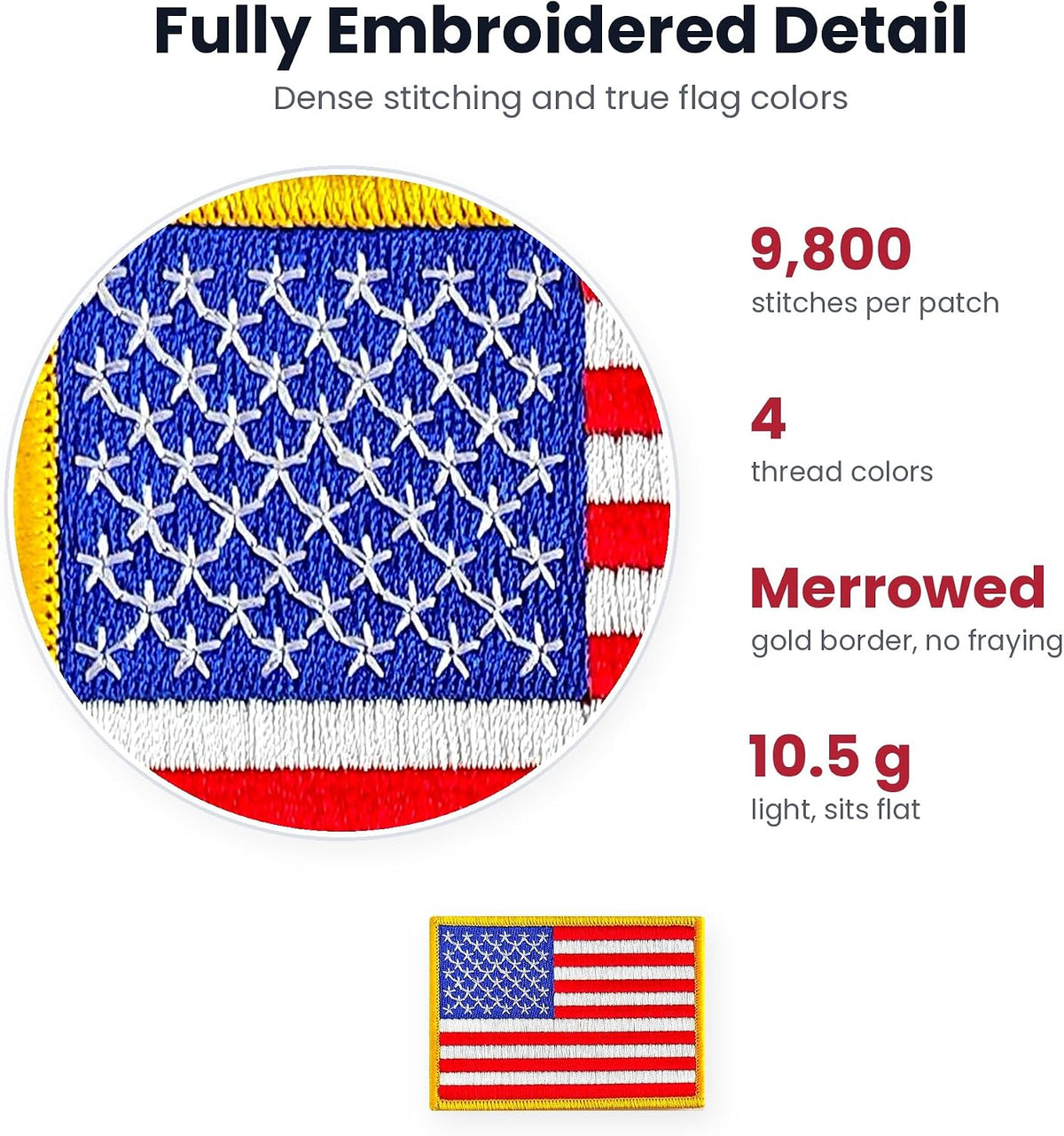Close-up of the embroidered stars and stripes, 9,800 stitches with gold border