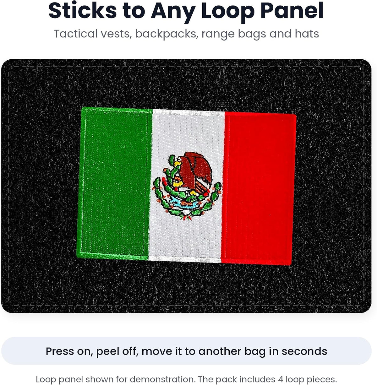 Mexico flag patch pressed onto a black loop panel