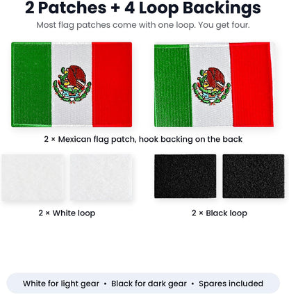 What is included: 2 Mexico flag patches with hook backing, 2 white and 2 black loop pieces