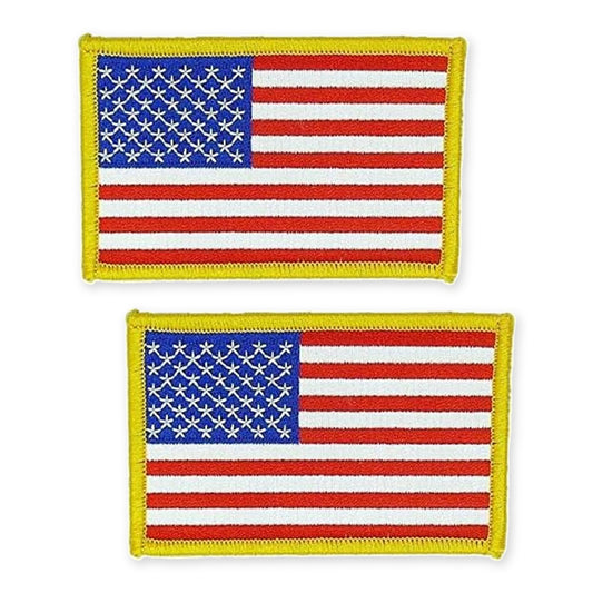 Two embroidered American flag patches with gold border