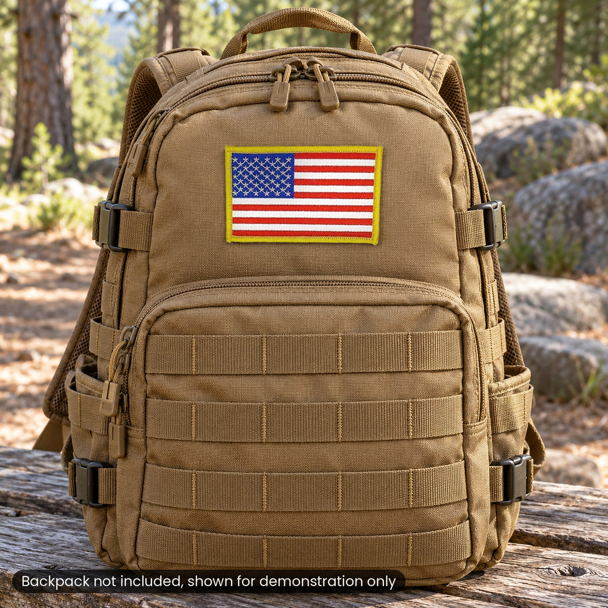 American flag patch on a coyote tan backpack