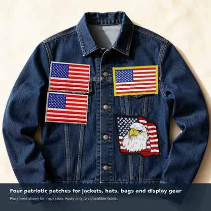 American flag and bald eagle embroidered patches arranged on a denim jacket