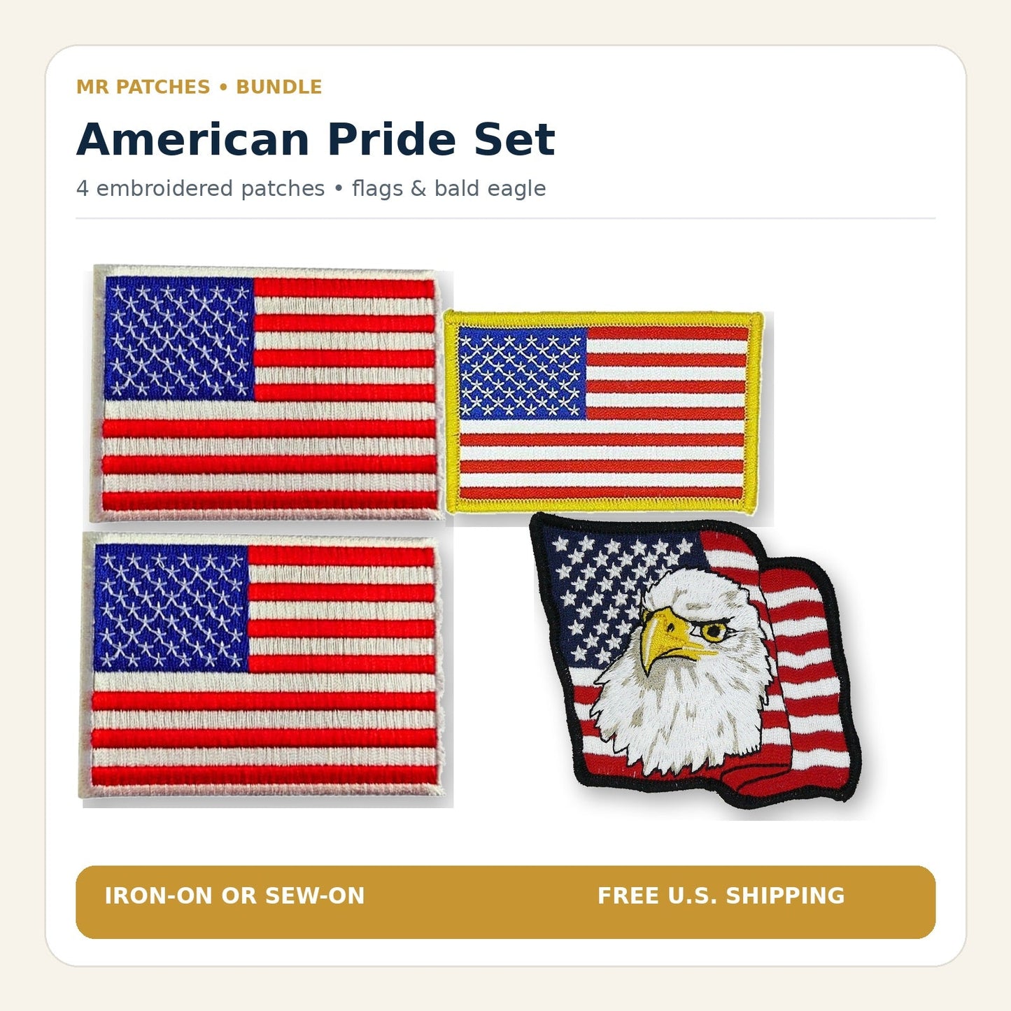American Pride Set with two white-border USA flags, one gold-border USA flag, and one bald eagle patch
