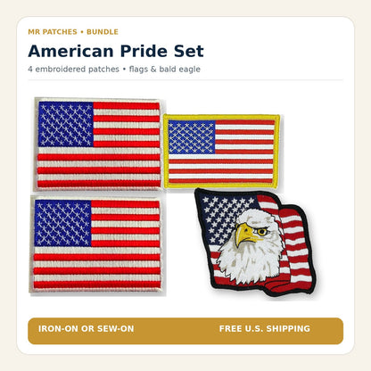 American Pride Set with two white-border USA flags, one gold-border USA flag, and one bald eagle patch