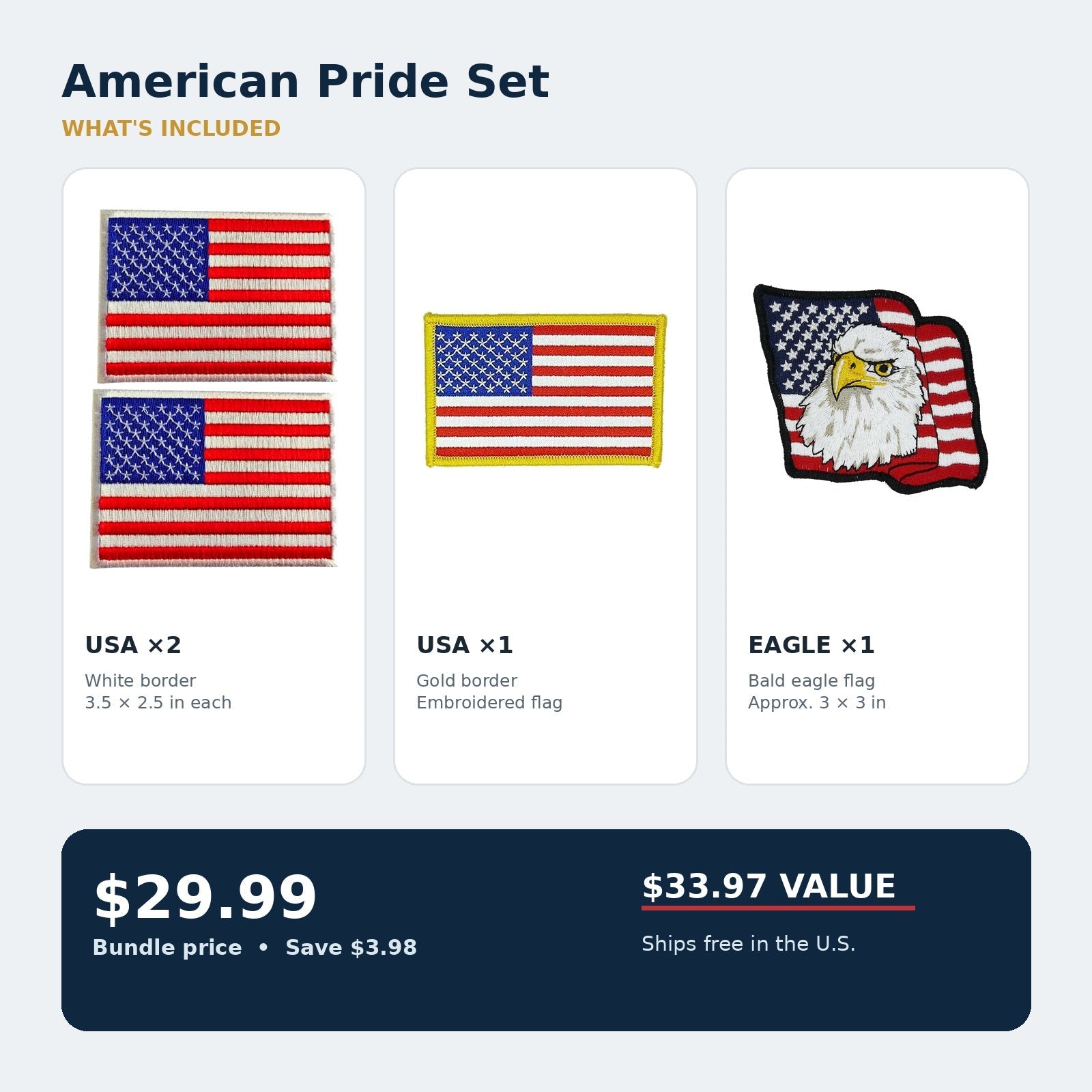 American Pride Set contents: four iron-on patches and bundle savings