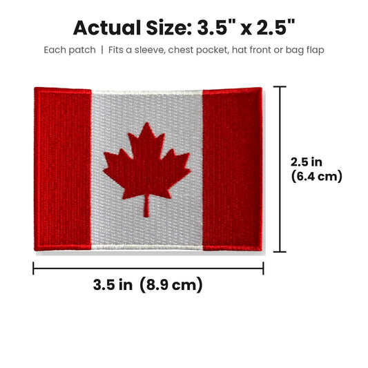 Canada flag patch actual size 3.5 x 2.5 inches (8.9 x 6.4 cm)