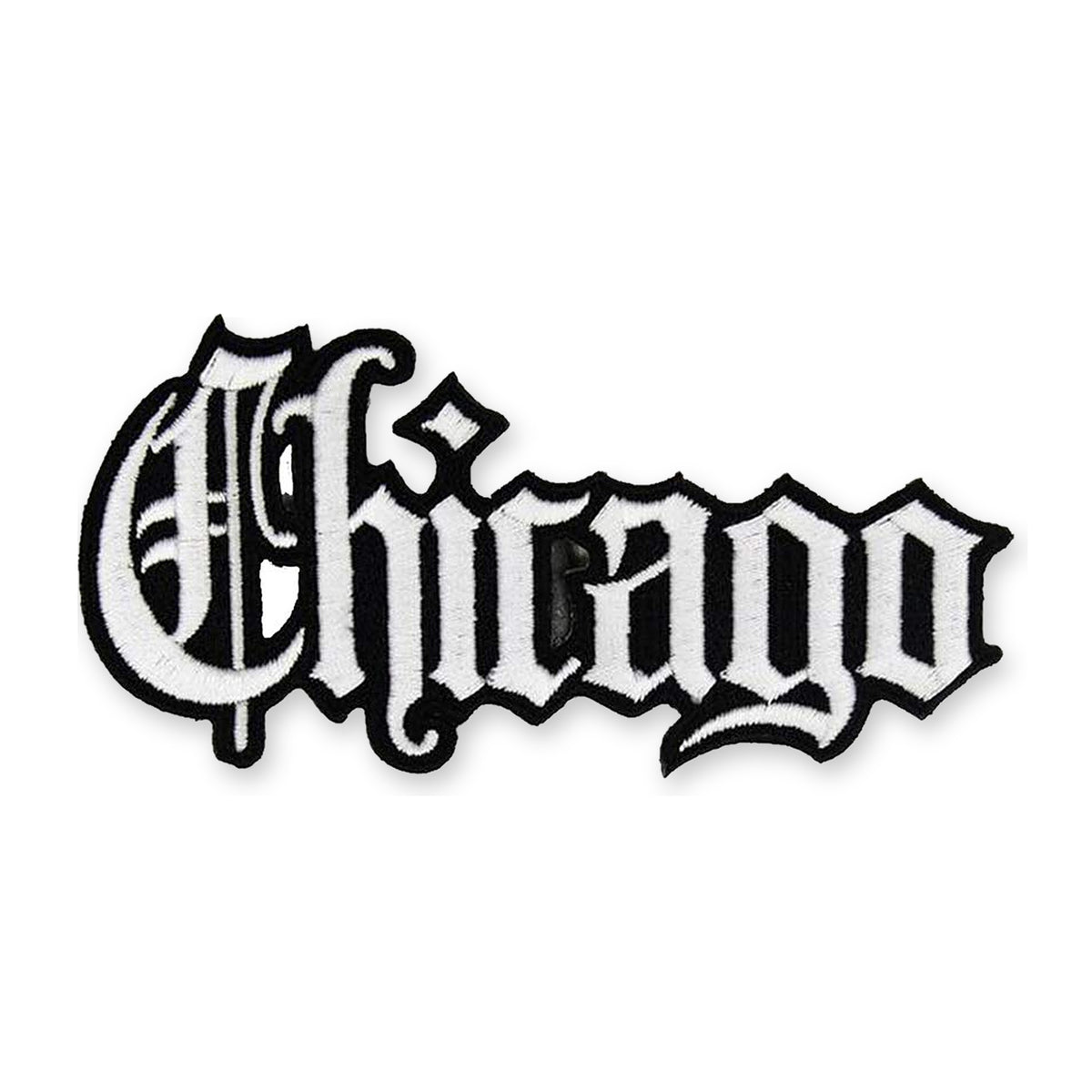 Chicago Old English embroidered iron-on patch, white letters with black stitched border