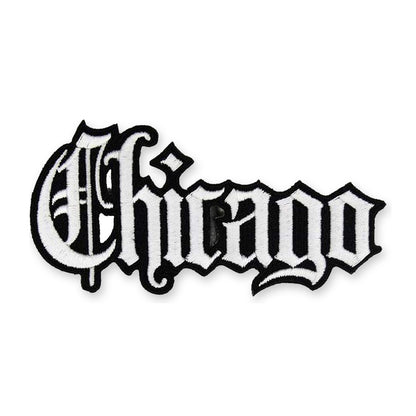 Chicago Old English embroidered iron-on patch, white letters with black stitched border