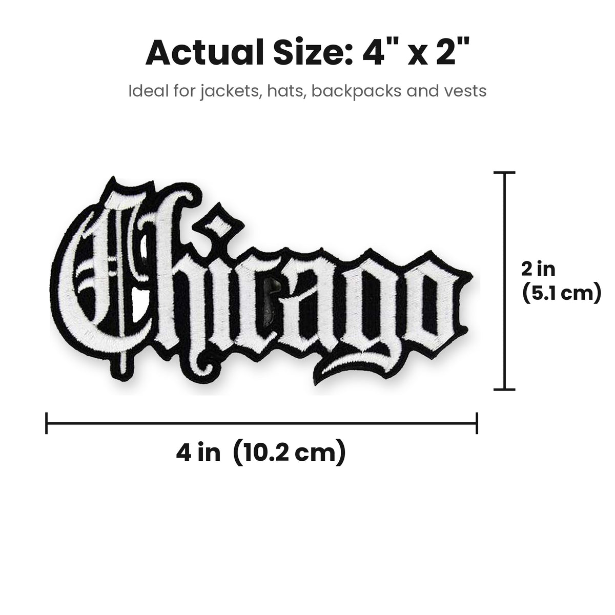 Chicago patch actual size 4 x 2 inches with measurement lines
