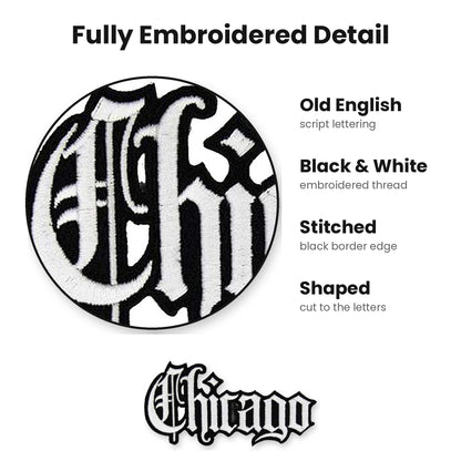 Close-up of the embroidered Old English lettering on the Chicago patch