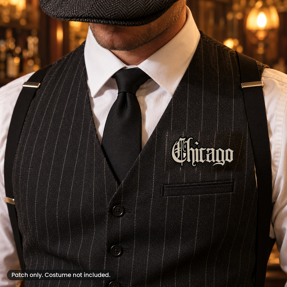 Chicago patch on a 1920s pinstripe vest costume, costume not included