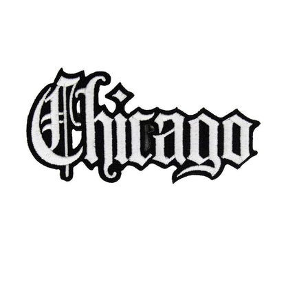 Chicago embroidered iron-on patch in Old English lettering, white on black