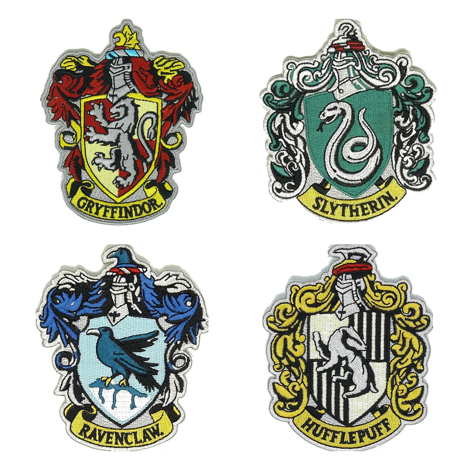 Harry Potter house crest patch set: Gryffindor, Slytherin, Ravenclaw and Hufflepuff embroidered iron-on patches, about 3.5 by 4 inches each