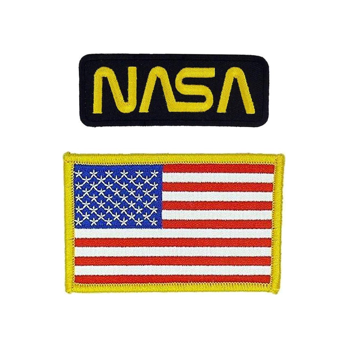 NASA astronaut costume patch set: black and gold NASA logo patch and gold-border USA flag embroidered iron-on patches