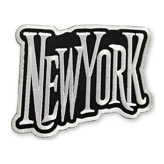 New York City embroidered iron-on patch, white lettering on black with white merrowed edge