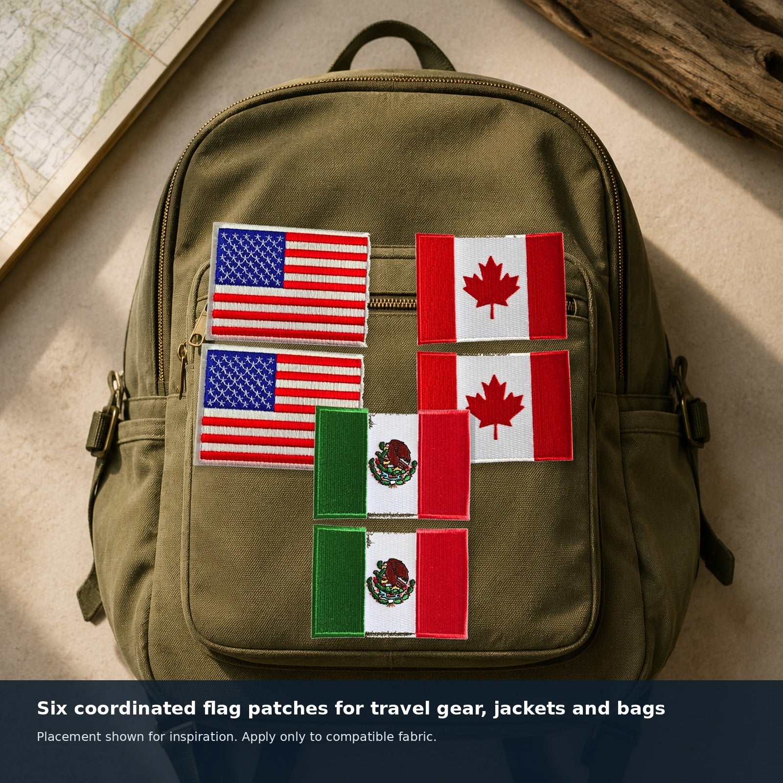 USA, Canada, and Mexico embroidered patches arranged on a canvas backpack