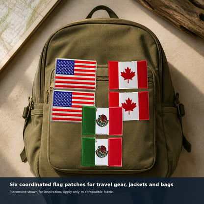 USA, Canada, and Mexico embroidered patches arranged on a canvas backpack