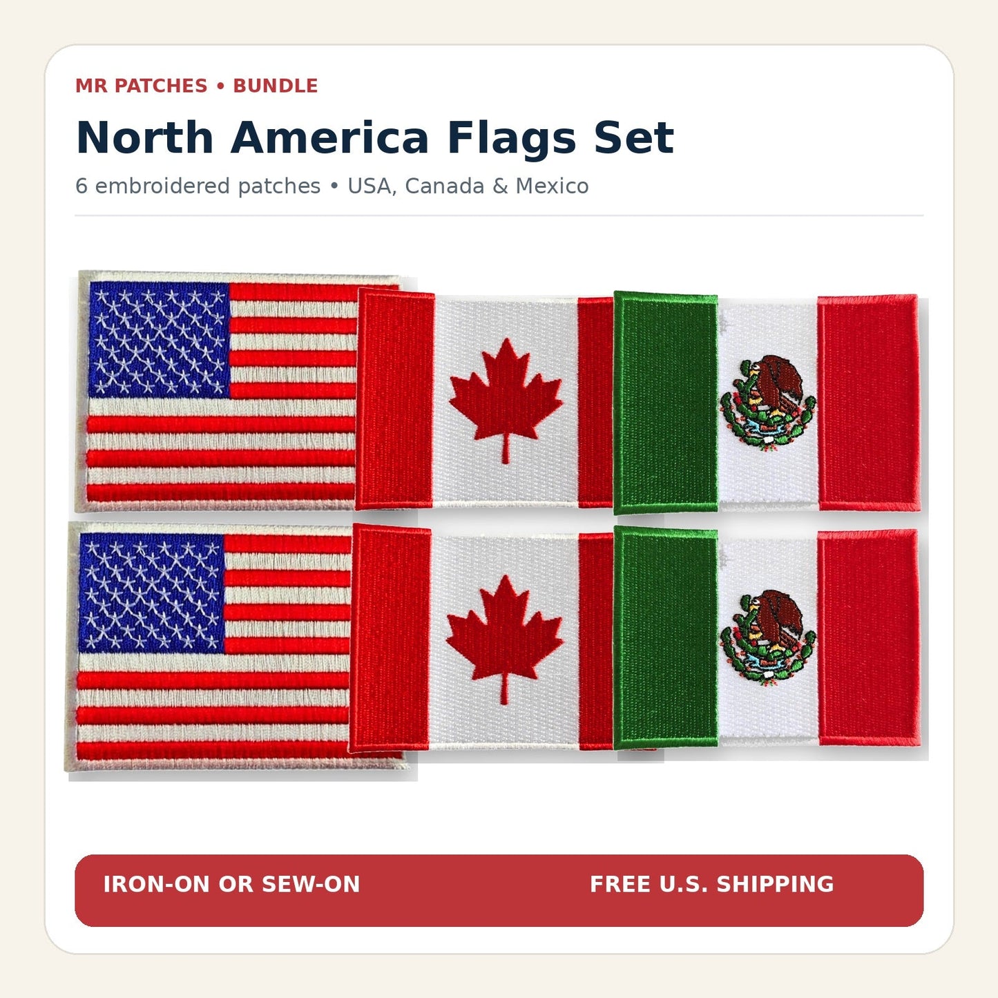 North America Flags Set with two USA, two Canada, and two Mexico embroidered patches