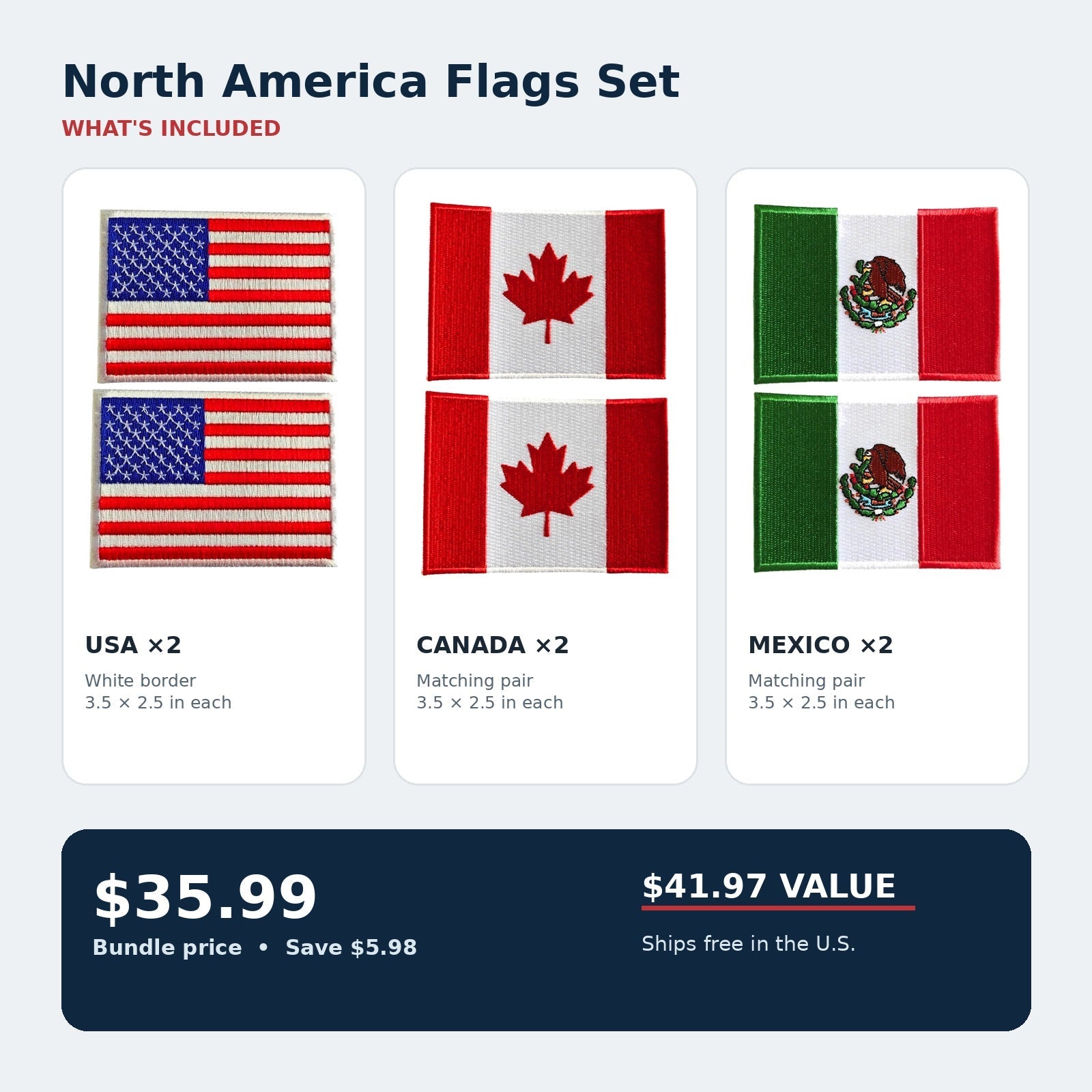 North America Flags Set contents: six iron-on patches and bundle savings