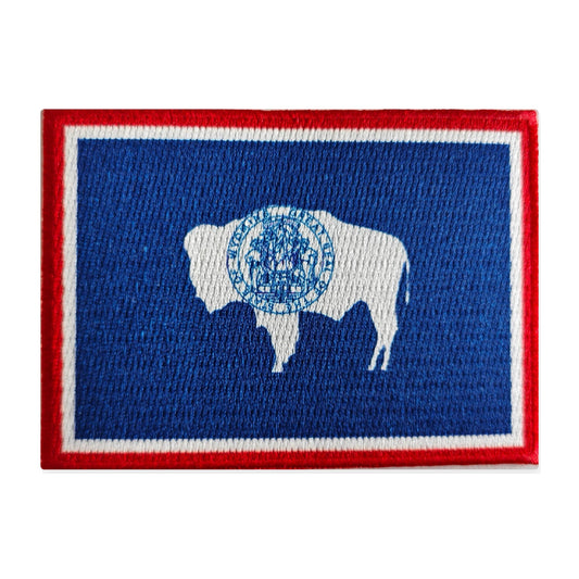 Wyoming flag patch, 3.5 x 2.5 in, embroidered bison and blue field with printed state seal, iron on